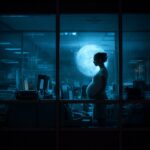 Eine schwangere Frau nachts im Büro